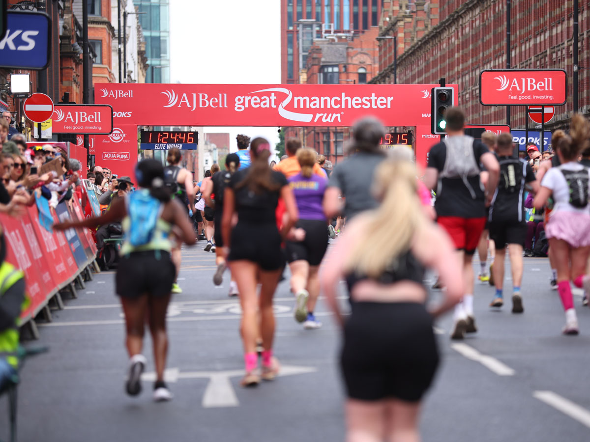 Runners at finish line of Great Manchester 10k