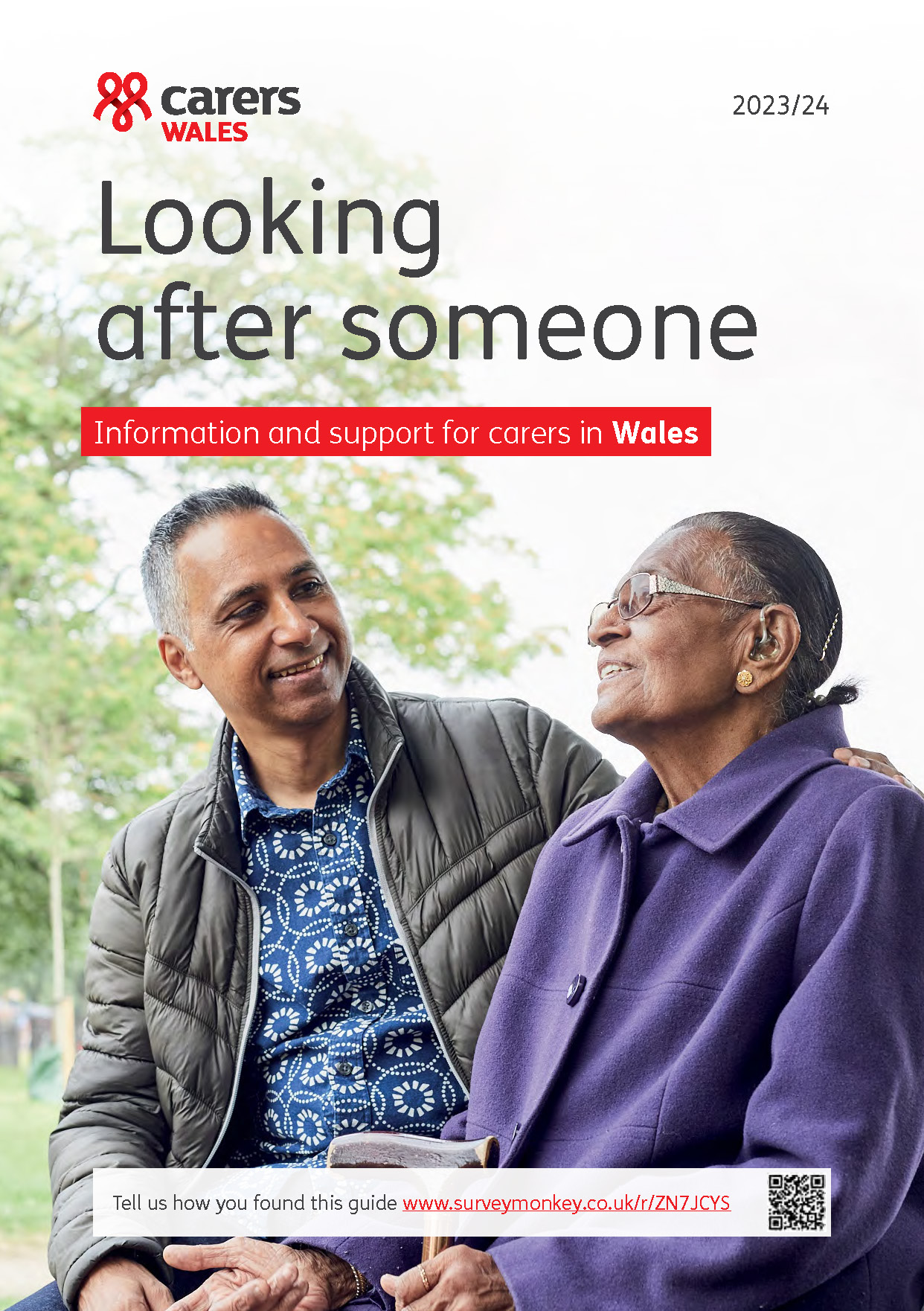 Looking after someone cover Wales. Photo of man and older woman sitting outside talking