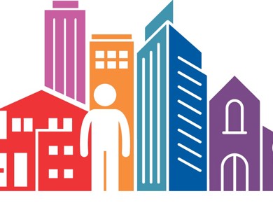 Illustration of a person standing in front of buildings