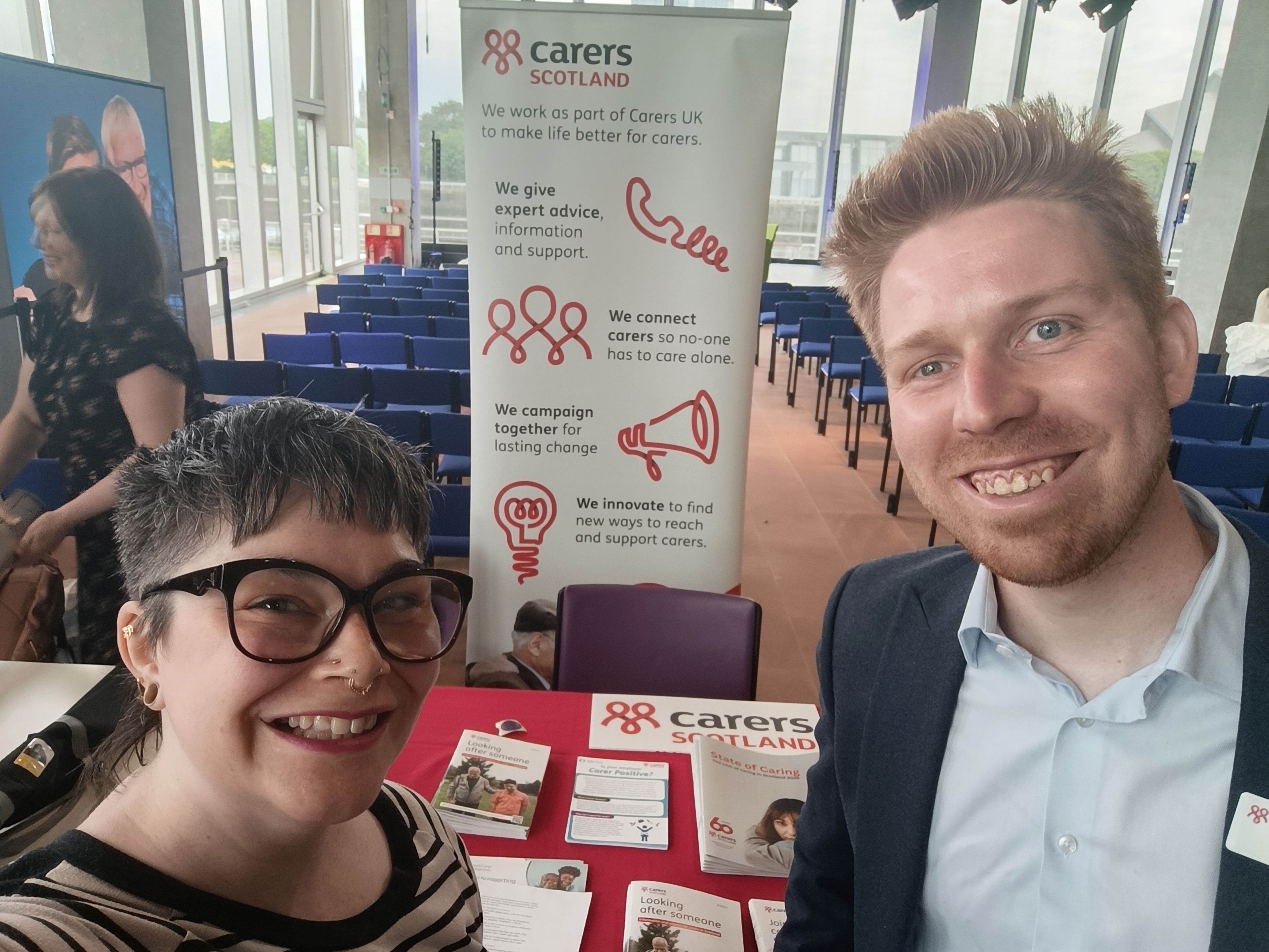 Christine and Joe manning the Carers Scotland stand at BBC Scotland.