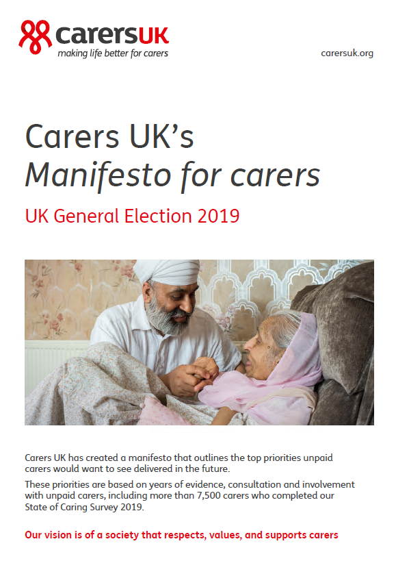 Cover of the Manifesto for carers - General Election 2019, which shows a man holding the hand of his mother, who he cares for. 