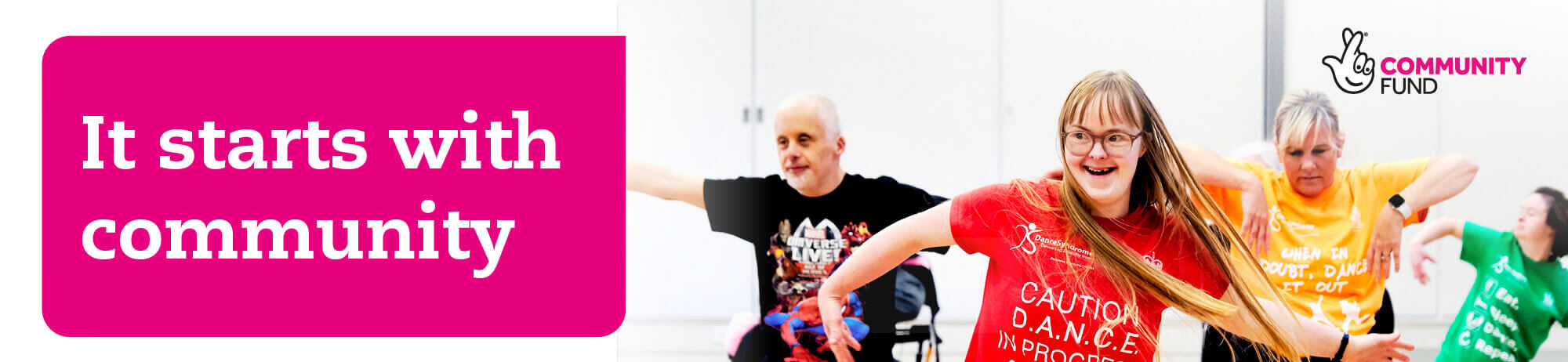 Four people exercising in bright t-shirts next to graphic reading 'It starts with community'